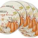 Artoid Mode Hello Pumpkin Fall Round Placemats Set of 6,14 Inch Seasonal Harvest Thanksgiving Table Mats for Party Dining Decoration (Beige/Orange)