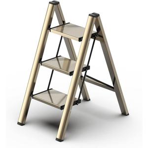 3 Step Ladder, Aluminum Folding Step Stool with Anti-Slip Sturdy and Wide Pedal, Lightweight Portable Stepladder for Home and Kitchen Use Space Saving, Gold, 330 lbs