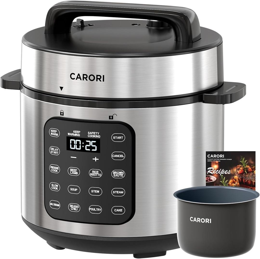 CARORI Electric Pressure Cooker 6 Quart Silver, Non-stick Pot, 9-in-1 Instant Pot, 12 Preset Functions with Touchscreen, Safe Steam Release, Stew, Slow Cook, Rice, Saut, Warmer