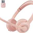 JIAMQISHI Wireless Headset with AI Noise Cancelling Microphone Bluetooth Headset - Bluetooth V5.2 Headphones with USB Dongle & Mic Mute for Computer/Laptop/PC/iPhone/Android/Cell Phones (Pink)
