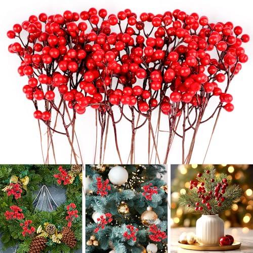 24 Pack 7.6 Inch Red Berry Stems, Holly Berry Stems, Artificial Red Berry Picks, Red Berries Christmas Decor Branches Ornaments for Christmas Tree, Wreath, Crafts, Winter, Xmas