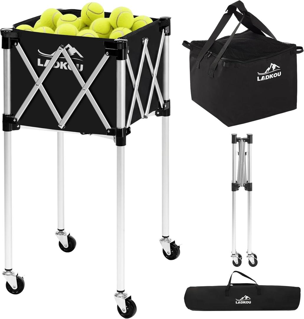 Extra Large Tennis Ball Hopper, Holds 200 Balls, Foldable Tennis Ball Basket with Wheels & Removable Bag, Lightweight Pickleball Caddy Cart for Baseball/Softball, for Training/Teaching (Sliver)