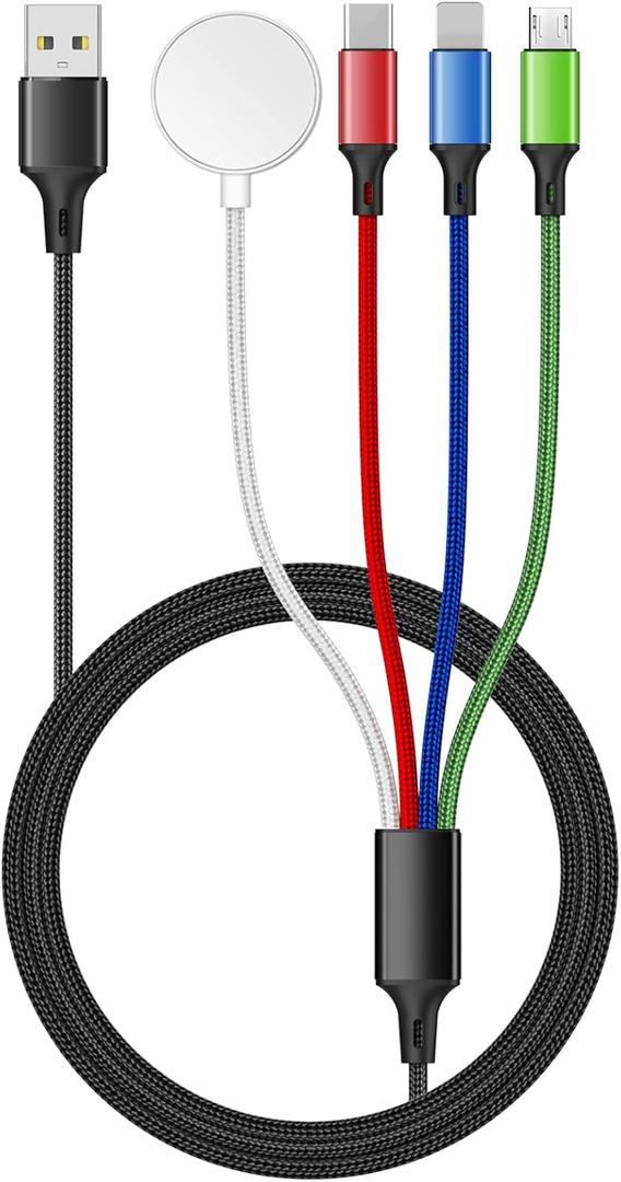 5FT/1.5M Multi Charging Cable for Apple Watch Charger Travel Nylon Braided USB C Micro USB Compatible with iWatch Ultra/SE/10/9/8/7/6/5/4/3/iPhone 16 15 Pro Max/14/13/12/Galaxy Android