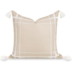 Hofdeco Premium Coastal Patio Indoor Outdoor Throw Pillow Cover Only, 20"x20" Water Repellent for Backyard, Couch, Neutral Tan Embroidered Line Frame