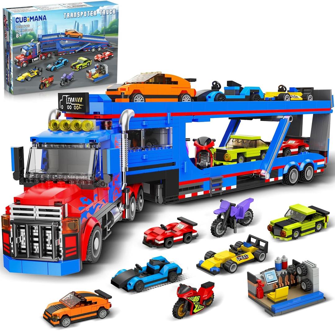 City Transporter Truck Building Set with 7 Sports Cars - Adjustable Loading Ramp Tow Semi Truck with Carrier & Trailer Building Toy Pretend Play Birthday Gifts for Kids Boys Girls Aged 8-14