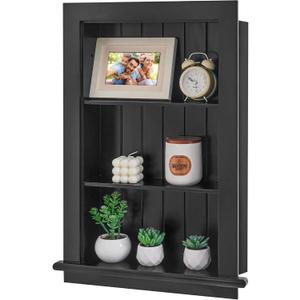 Recessed Medicine Cabinet, Wall Niche, In Shelves, Shelf Insert, 14"W x 24"H ID, 17"W x 27"H OD, 3 Tier, Black, Wood, Shallow Drywall Cabinets, Between Studs Shelving, Open Bathroom Cubby | Houseables