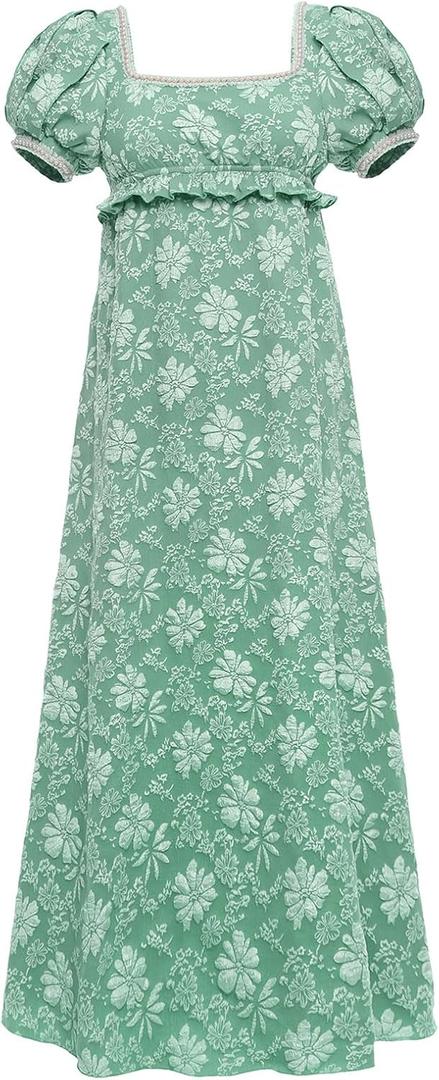 Vibsion Regency Dresses for Women Luxurious Pearl Puff Sleeve Empire Waist Victorian Dress Retro Party Gown Green XL