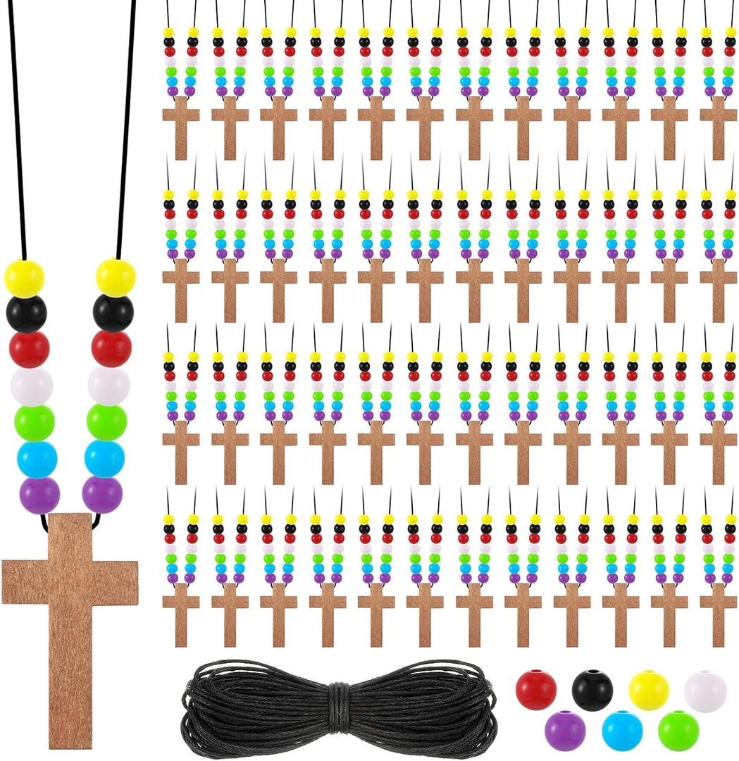Kathfly DIY Wood Cross on Cord Pendant Necklace Sunday School Crafts for Kids Wood Cross Necklace with Colorful Beads Religious Party Favor for Vbs Church Easter Gifts