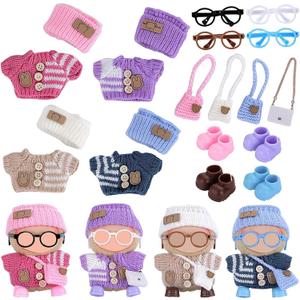 Knitting Outfit Set for 17cm Dolls, 4 Cozy Sweaters with Hats, Shoes, Glasses Bags, 6.7-Inch Doll Accessories, Gift Idea (No Dolls)