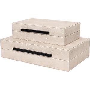 Large Decorative Storage Box with Lid - Modern Ivory Shagreen Leather Jewelry Organizer Box, Stackable Home Decor Box for Bedroom, Bathroom & Office (Pack of 2)