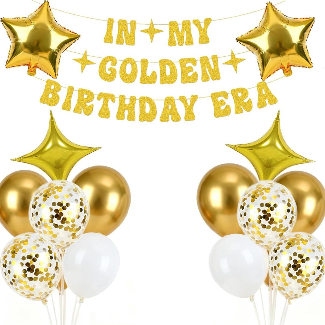 Golden Birthday Party Decorations with My Golden Birthday Banner, 12-inch latex Balloons, Gold Star Foil Balloons for Gold Party Decorations
