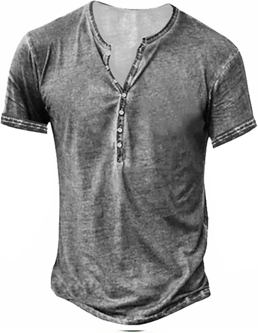 Beotyshow Mens Distressed Henley Shirts Retro Short Sleeve Tee Shirts Casual Button Down Washed T-Shirts for Men, Size XXL