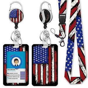 Id Badge Holder with Lanyard, 4th of July Badge Reel Retractable Heavy Duty and Detachable Name Tag Clips, American Flag Lanyards for Id Badges, Nurse Teacher Office Gifts