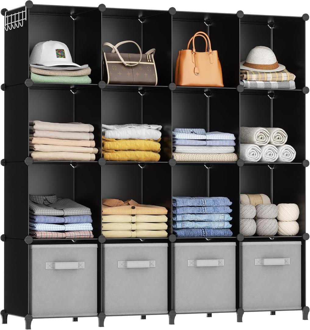 HOMIDEC Closet Organizers and Storage, 16 Cube Storage Organizer, Closet Organizer Bookshelf Cubes Shelves for Clothes, Bedroom, Kids Room, Bathroom, Wardrobe, Garment Racks, Black (X-Large)