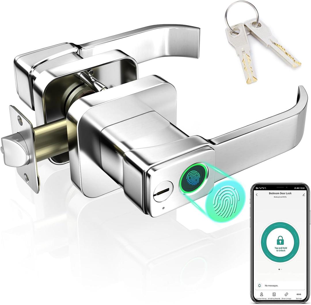 FITNATE Fingerprint Door Lock with App Control, Keyless Entry Door Lock with Handle, Smart Biometric Door Knob for Home Bedroom Office Hotel Apartment (Silver)
