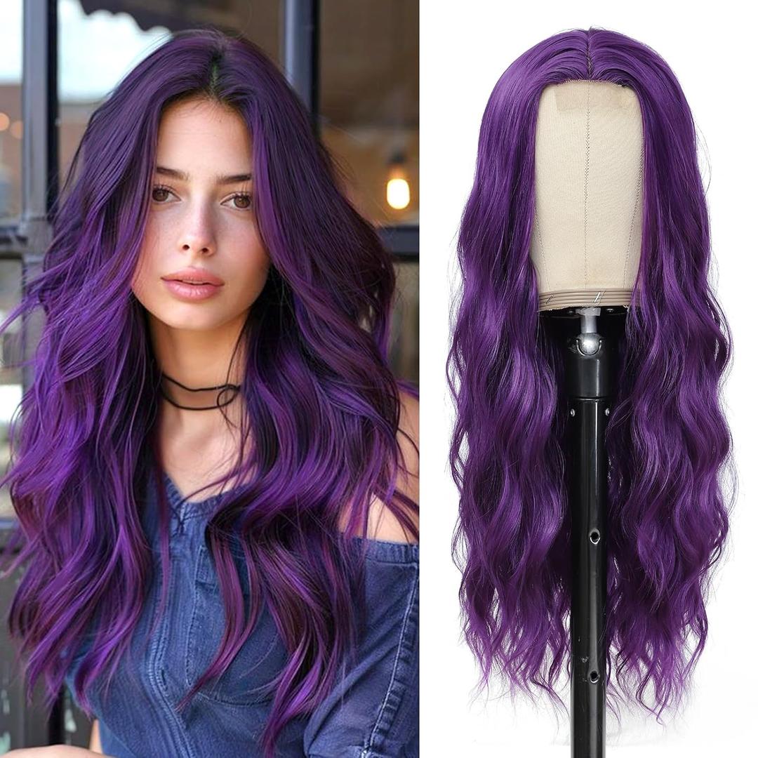 Long Purple Wavy Wigs for Women Middle Part Dark Purple Wig 26 inch Natural Curly Synthetic Wig Heat Resistant Fiber Wigs for Daily Party Use