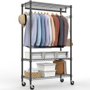Heavy Duty Rolling Garment Rack 3 Tiers Adjustable Wire Shelving Clothes Rack with Rods and Side Hooks,Storage Closet Clothing Rack with Wheels Black 15.7" D x 29.5" W x 74.5" H (3 Tier with 1 rod, 15.7"D x 29.5"W x 74.5"H)