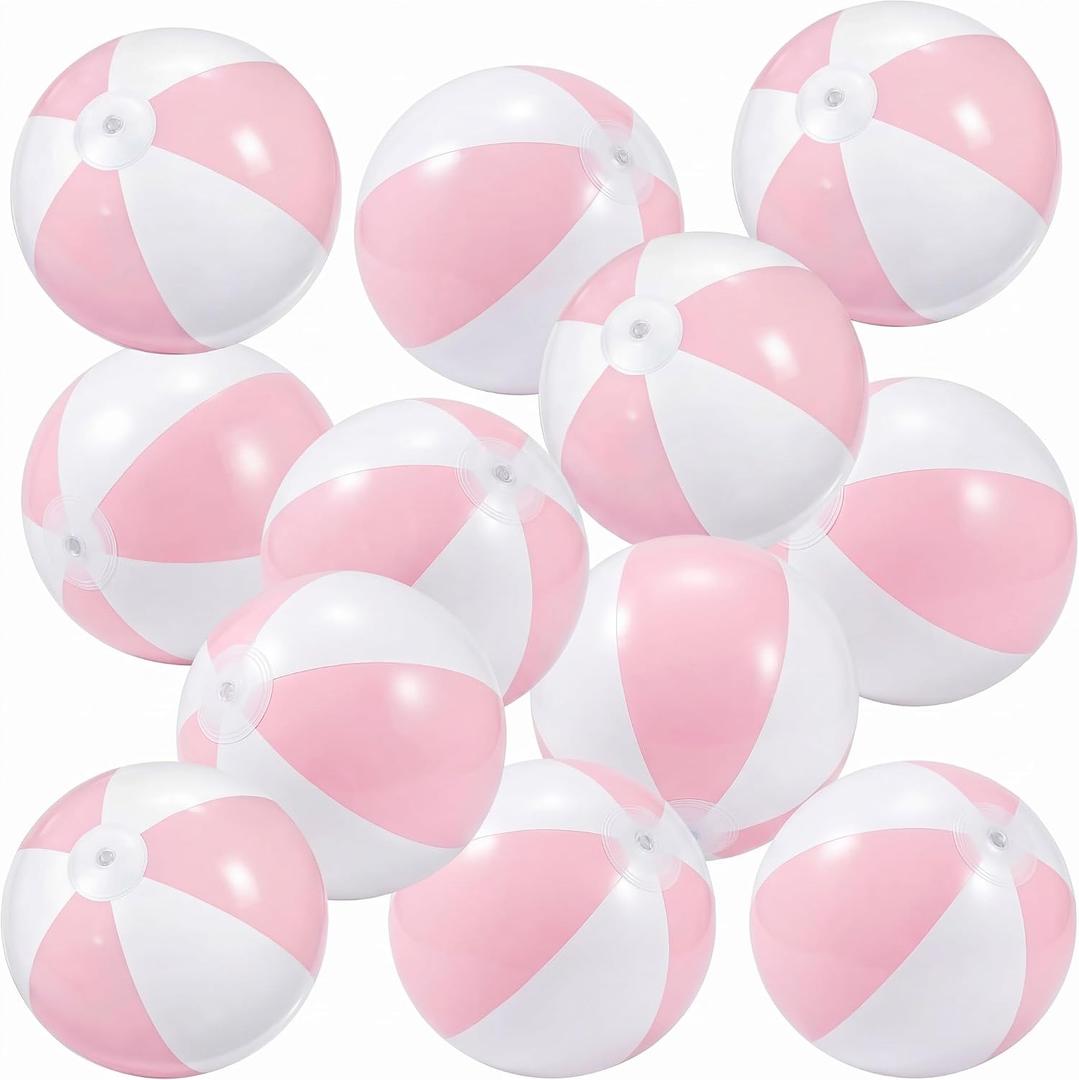 MiniInflat 12 Pcs 12 Inch Inflatable Beach Balls Bulk Jumbo Pastel Inflatable Decorated Ball with Macaron Color PVC Party Ornaments for Adults Kids Summer Birthday Party Decoration (Pink)