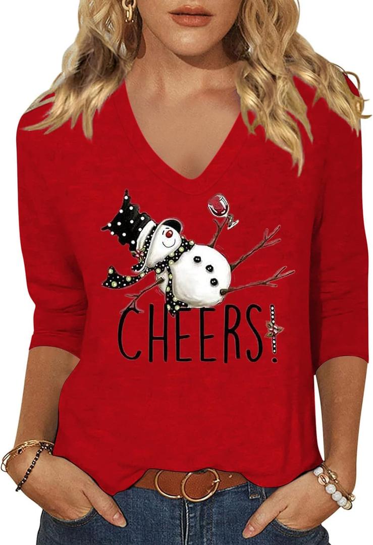 Christmas 3/4 Sleeve Shirt for Women Funny Xmas Doodles Graphic Tee Winter Holiday Family Party Matching Tops Blouse (Medium, Red02)