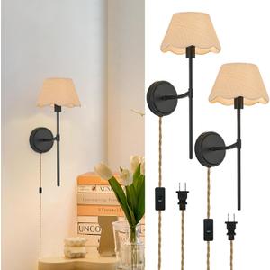 Boho Wall Sconces Set of Two, Black Plug in Vintage Wall Lamps with Rattan-Pattern Fabric Shade, Rustic Wall Light Fixtures with On/Off Switch for Bedroom Living Room Restaurant Hallway
