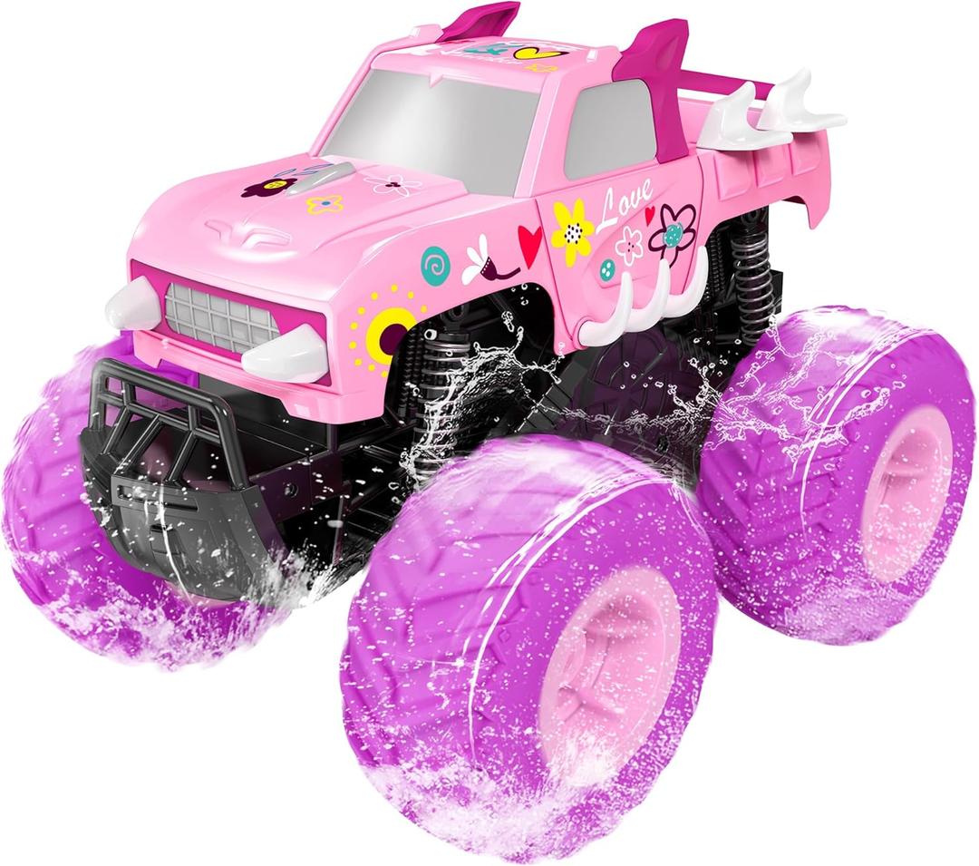 Threeking 1:16 Waterproof Pink RC Monster Truck Toys Amphibious Remote Control Car Pickup 4WD All-Terrain Toy Gift for Girls Ages 6 7 8 9 10 11 12 Durable Off-Road Fun for Indoor & Outdoor Play
