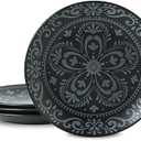 YELLOYA Ceramic 8-inch Dessert Plates - Set of 4 Porcelain Salad Plates for Serving Dinner, Pizza, Pasta, Snacks and Appetizers with Blue Print Design