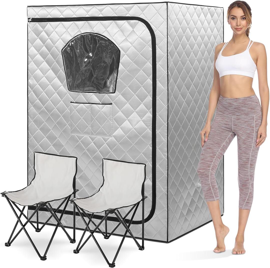 Gollense Portable Sauna for Home 2 Person Steam Tent with 2 Folding Chairs, Full Size Large Foldable Indoor Steam Box for Relaxation, Steamer NOT Included, Sliver (Silver)