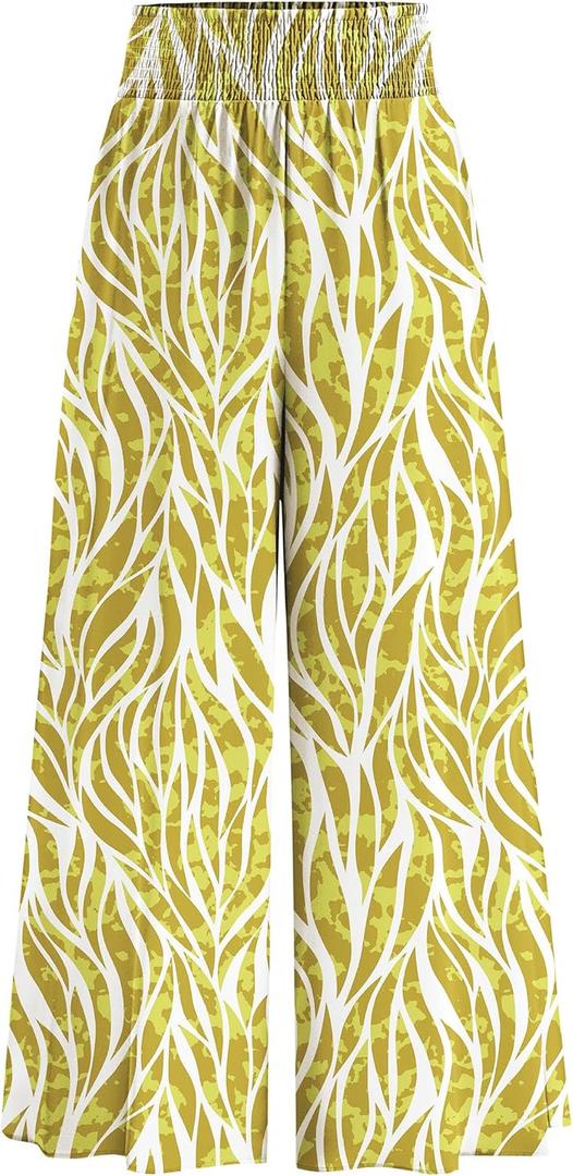 PRETTYGARDEN Women's 2025 Summer Flowy Wide Leg Palazzo Pants Dressy Casual Elastic High Waisted Pockets Boho Beach Trousers (Floral White Green,Small) (S)