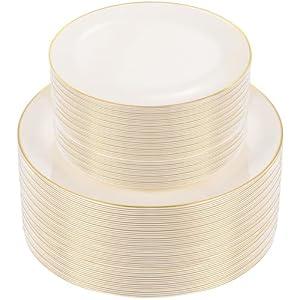 PULOTE 100PCS Ivory Plastic Plates - Cream Plastic Disposable Heavy Duty for Party - Include 50 Each (Dinner & Dessert) Plates