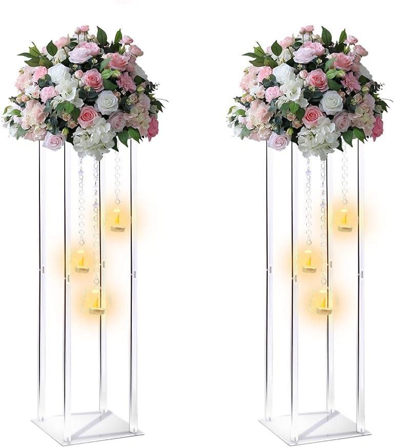 Clear Acrylic Vases Flower Stand Wedding Centerpieces with Hanging Glass Tealight Globe Candle Holders for Event Party Table Decoration Display Rack Column (2, 28 inch)