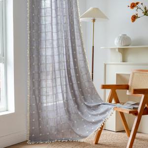 Sutuo Home Boho Curtains for Bedroom Living Room 84 Inch Length, Linen Light Filtering Country Farmhouse Vintage Chic Tassels Window Treatment Bohemian Drape, 1 Panel 52" W x 84" L, Dark Grey Plaids