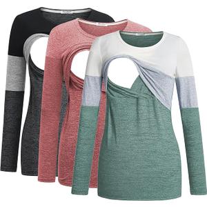 3 Pack Nursing Tops for Breastfeeding Maternity Shirts Zipper Long Sleeve Round Neck Knit Casual Nursing Clothes Size M