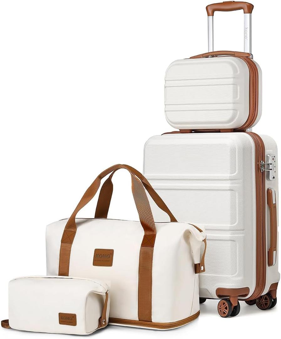 Kono Luggage Set 4 Piece Carry On Hardside Luggage with TSA Lock Spinner Wheels Lightweight PC+ABS Carry On Suitcase Cream White (Carry-On Travel Set (DB/TB/12/20"))