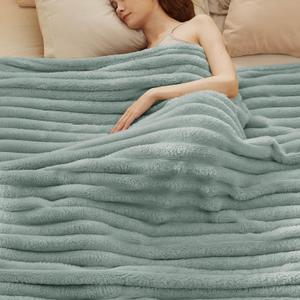Bedsure Blankets Queen Size for Bed - Super GentleSoft Cozy Blankets for Women, Cute Large Fleece Throws for Girls,Sage Green90x90 Inches, Wider Striped Design (Jadeite)