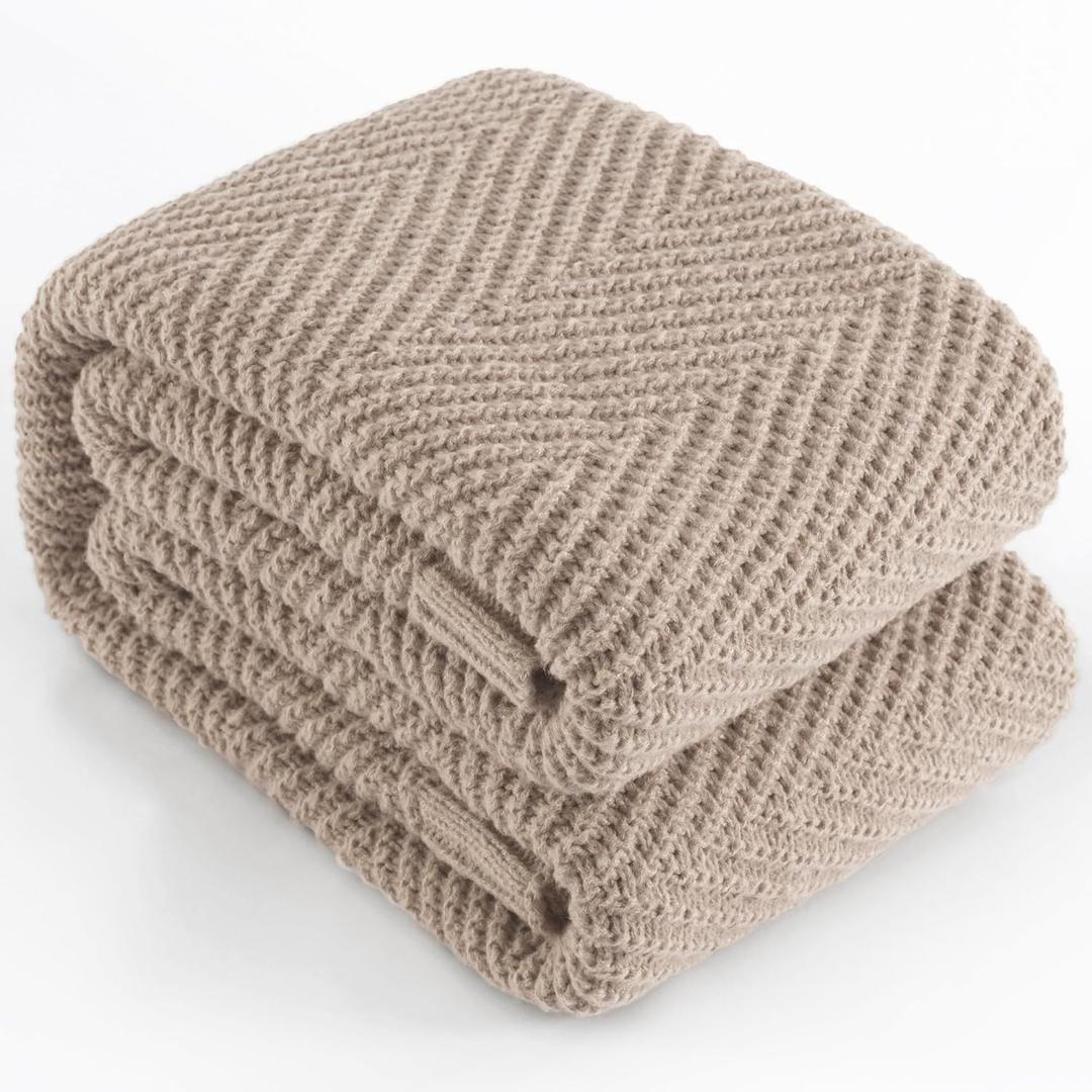 Knitted Throw Blanket 50"X60", Taupe Knit Throws for Bed, Super Soft Boho Chevron Blankets for Couch Sofa Chair Room Decor, Textured Decorative Farmhouse Cozy Lightweight