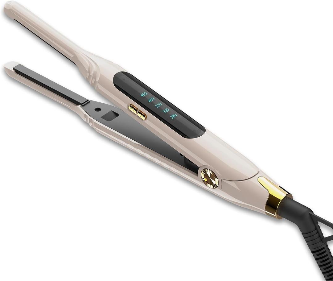 Mini Flat Iron 3/10'' Small Flat Irons for Short Hair,Pixie Cut & Bangs,Tiny Hair Straightener for Edge with LED Display,Travel Thin Hair Straightener with Dual Voltage,Auto Shut OffKhaki