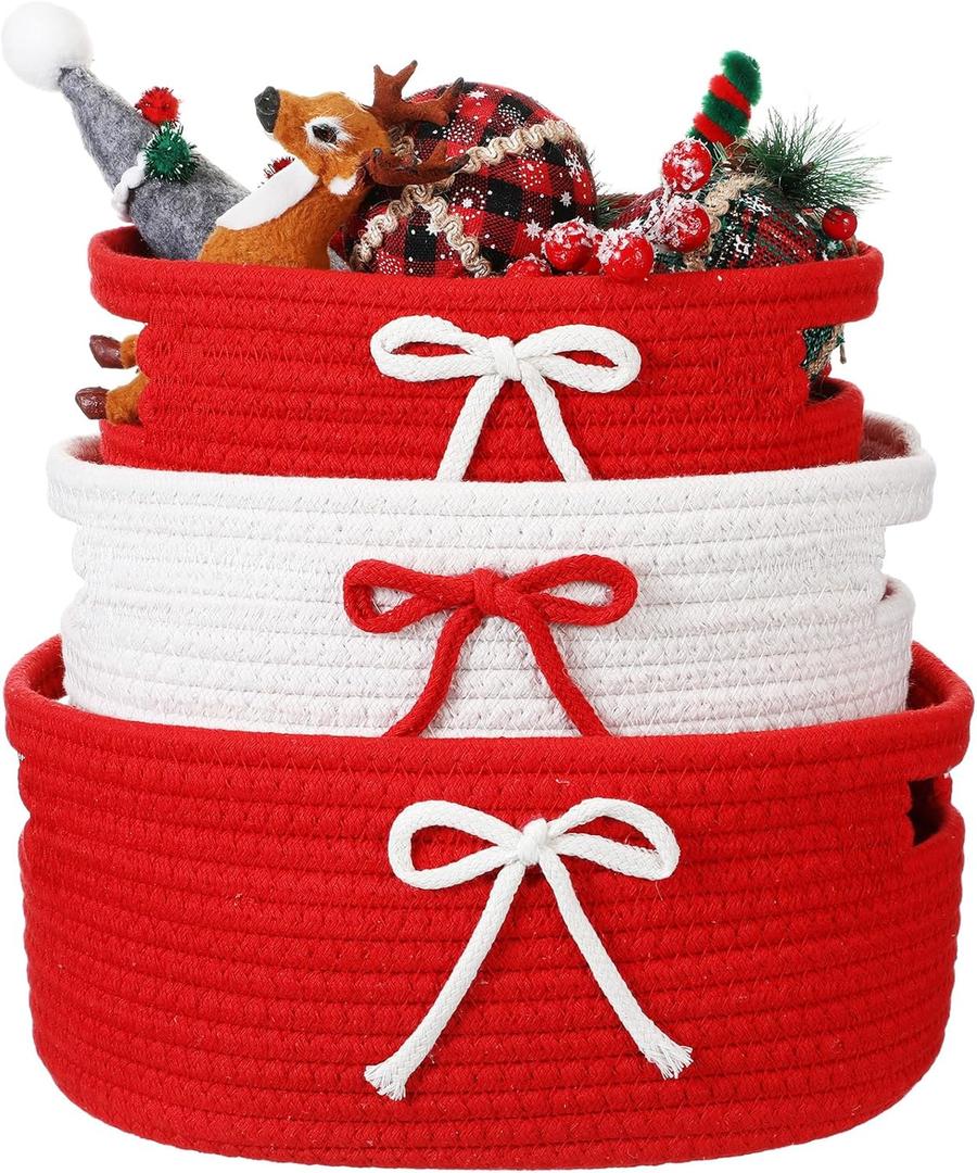Breling 3 Pieces Valentine's Day Gift Basket Coquette Bow Laundry Hamper Cotton Rope Storage Woven Rope Bin with Handles for Decoration Organization Storage for Nursery, Pet Toy Basket(Red, White)