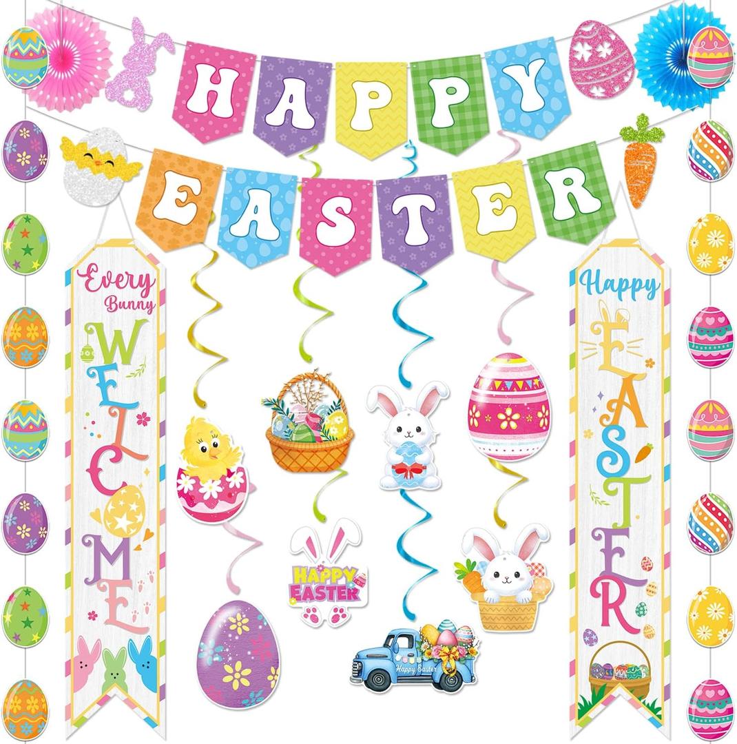 YEIRFYY Easter Decorations Set Happy Easter Banner Colorful Egg Garland Bunny Hanging Swirl Decorations Welcome Porch Banner Spring Paper Fan for Home School Fireplace Ceiling Party Decorations