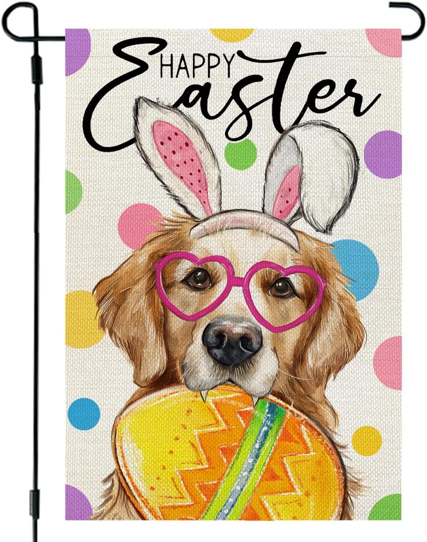 CROWNED BEAUTY Easter Garden Flag Dog Bunny Ears Welcome 12x18 Inch Double Sided Small Seasonal Holiday Golden Retriever Decoration for Outdoor Lawn Yard