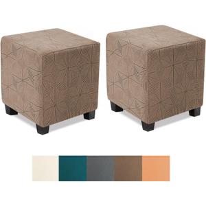NeColorLife Ottoman Covers - Stretch Slipcover, Knitted Jacquard Fabric for Square Ottoman, Storage Stool, Footstool Protector - Light Coffee, 2PCS