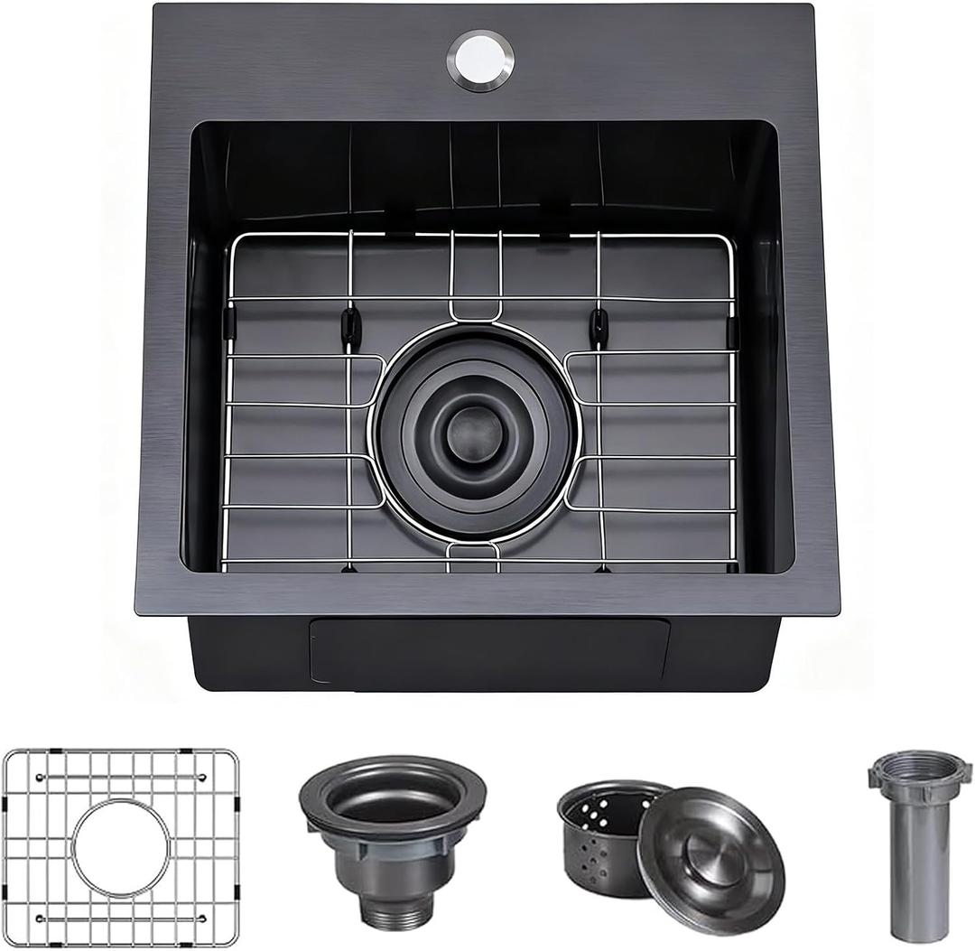 Friho 15x15 Inch Drop In Black Bar Sink, 16 Guage Stainless Steel Topmount Outdoor RV Small Kitchen Sink, 15 Inch Wet Prep Single Bowl Utility Bar Sink With Dish Grid & Drain