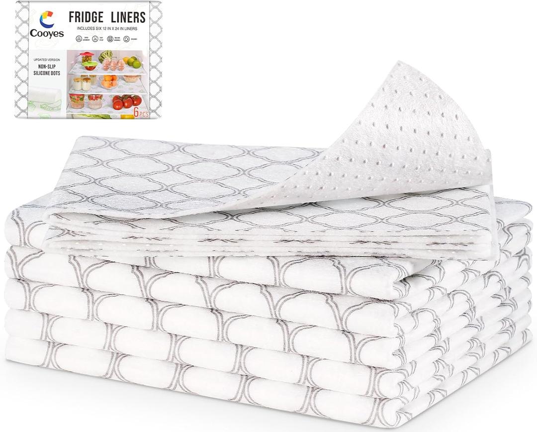 Cooyes Non Slip Refrigerator Liners, 2 in 1 Absorbent Fridge Liners and Fresh Mats Machine Washable, Refrigerator Shelf Paper for Glass Shelves Kitchen Cabinet Drawer (A White Quatrefoil (6 Pack))