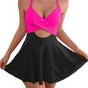 B2prity Women Cutout One Piece Skirt Swimsuit V Neck Wrap Tie Back Swimdress Tummy Control Bathing Suits (XX-Large, Hot Pink,black)