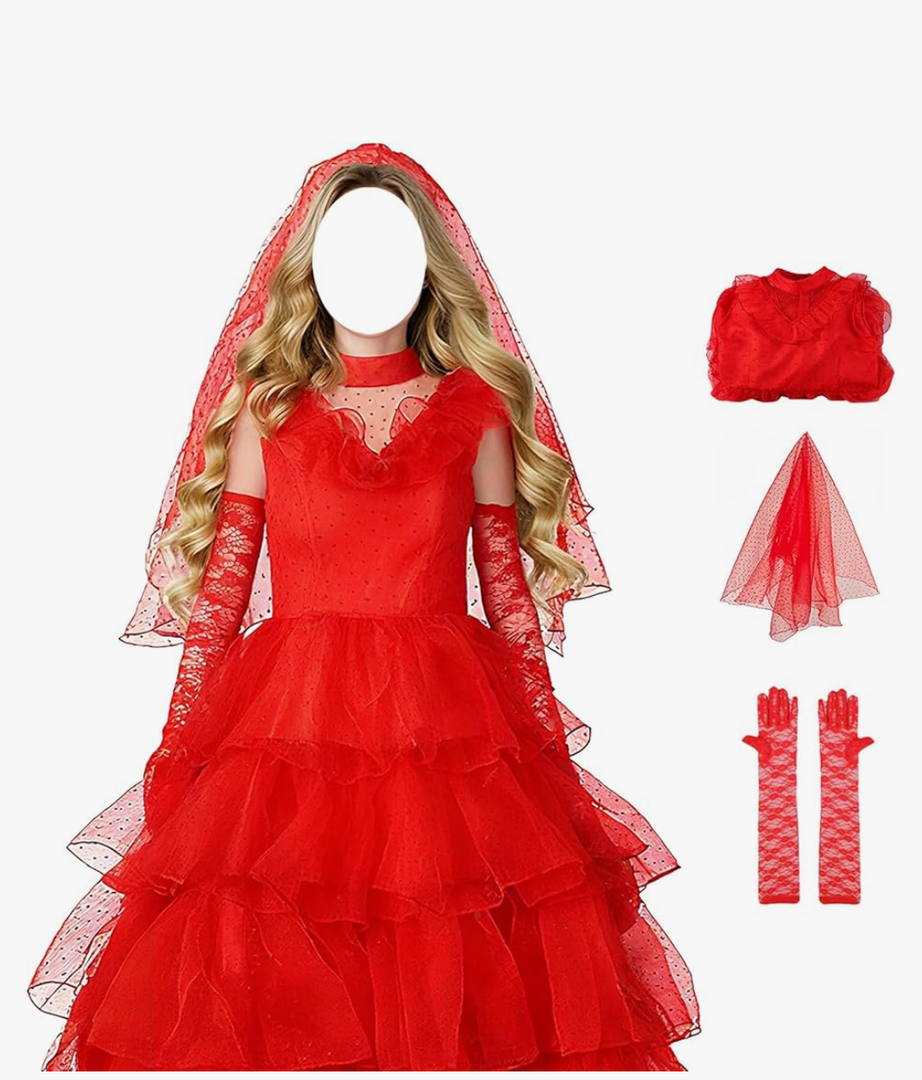 Halloween Gothic Women Red Wedding Dress Costume Tulle Skirt Vintage Goth Cosplay Party Outfits with Veil Gloves, Red, S