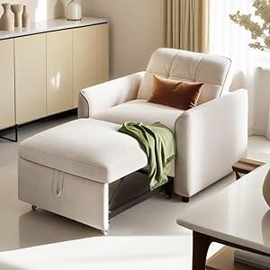 YITAHOME Convertible Sofa Chair Bed, 3-in-1 Sleeper Sofa with Pull-Out Bed, Velvet Fabric Single Sleeper Chair with Reclining and Button Tufted Backrest, Modern Lounge Chair for Small Space, Beige