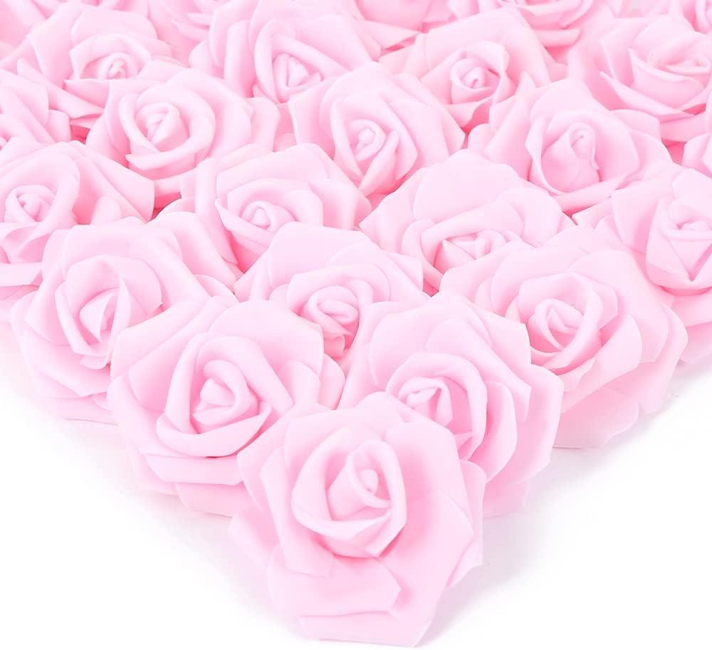 IPOPU Artificial Rose Flower Heads, 100pcs Real Looking Light Pink Foam Fake Roses for DIY Wedding Baby Shower Centerpieces Arrangements Party Tables Home Decorations (Light Pink, Stemless)