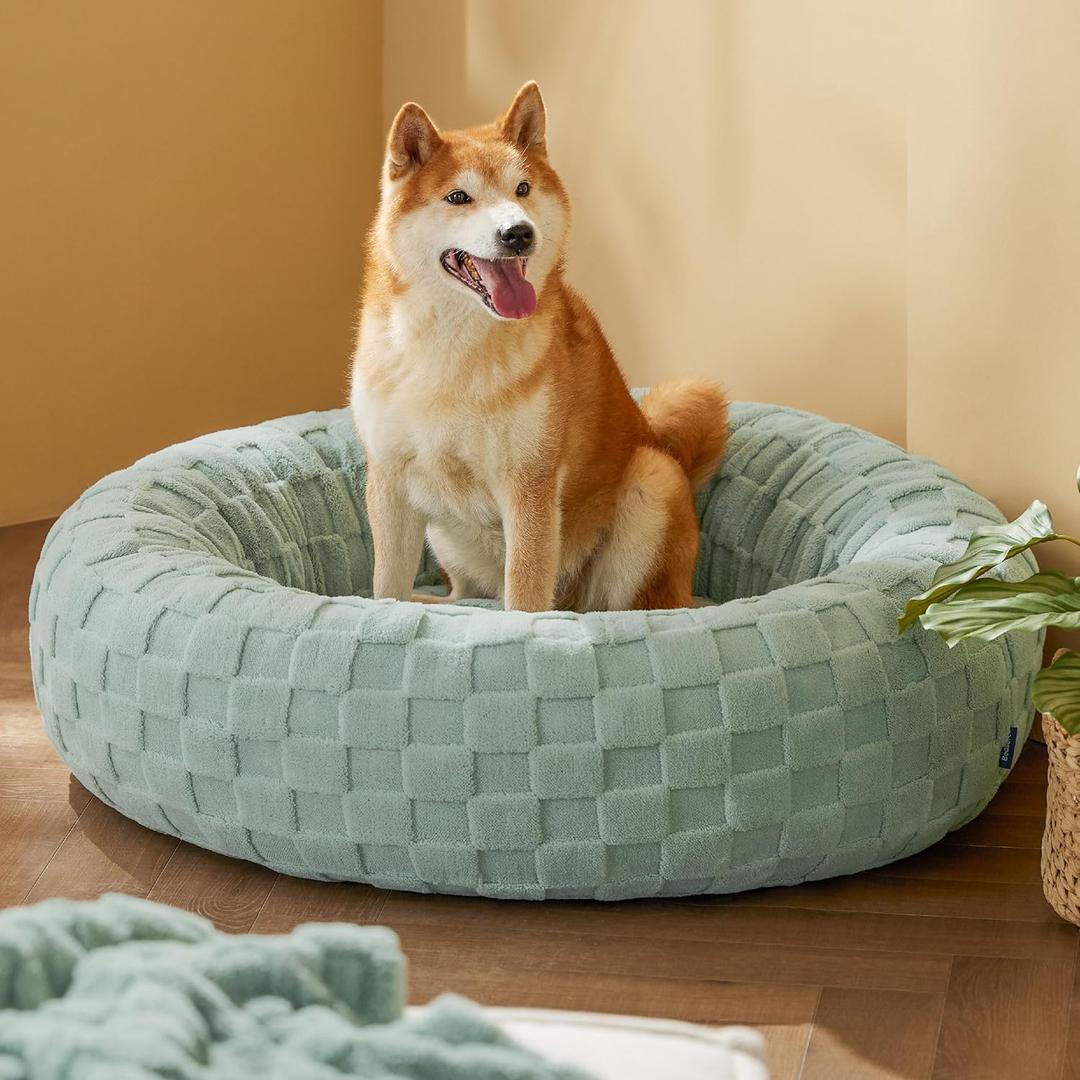 Bedsure Dog Bed for Large Dogs - Donut Pet Bed for Puppy Kitten with Anti Slip Bottom, Round Sherpa Dog Beds with Washable Removable Cover, Garden Green, 36x36x10 inches