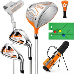 Kids Golf Clubs Set for Ages 6-8,Right Handed Junior Golf Clubs 7 Piece Set with 400cc Driver,7 Iron,9 Iron,Putter,Stand Bag,Headcover & Practice Mat,Kids Golf Set for Height 3'10"-4'4",Blue Orange
