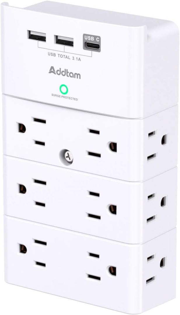 Multi Plug Outlet - Addtam Surge Protector Wall Mount with 12 Outlet Extender- 3 Sides and 3 USB Ports (1 USB-C), Outlet Splitter Power Strip for Home, Office, Hotel, White (1C2A No PD)