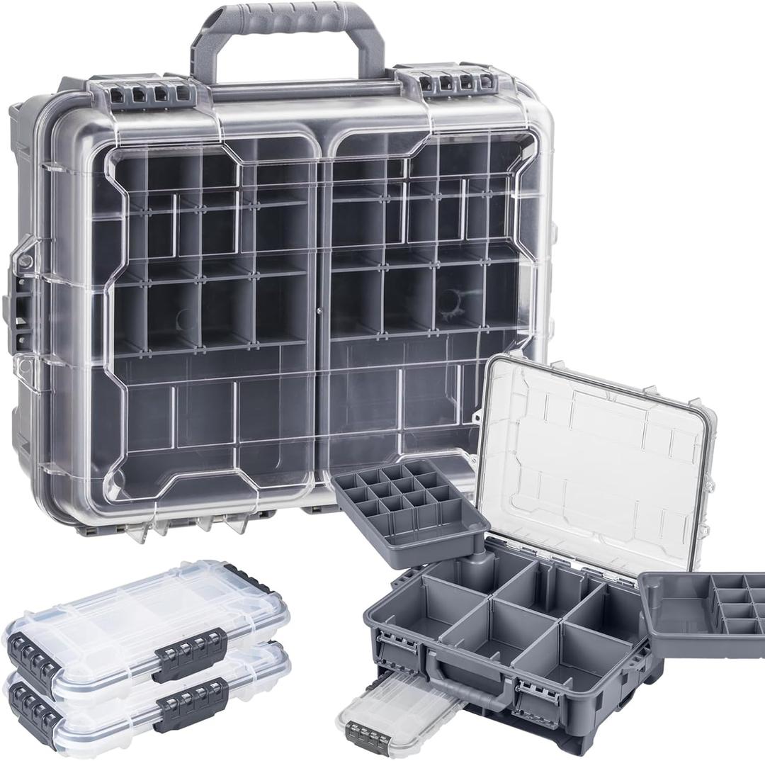 THKFISH Waterproof Tackle Box, Portable Fishing & Tackle Storage Box with Two 3500 Stowaway Boxes and Removable Dividers, Premium Tackle Box, Thicker Floating Airtight Stowaway,Pink/Green/Blue/Grey